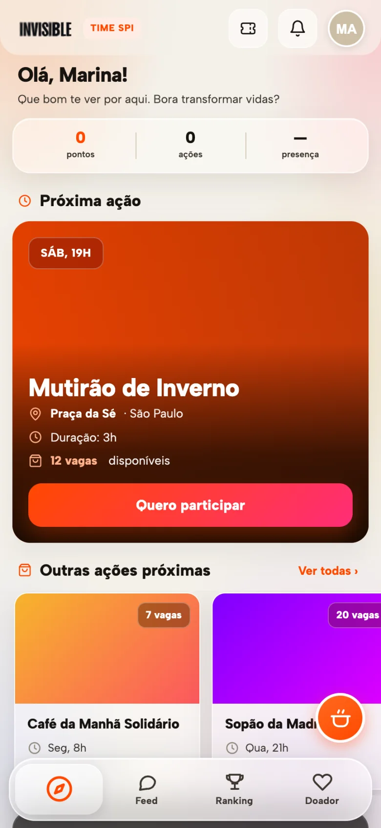 Voluntário encontrando a atividade no app